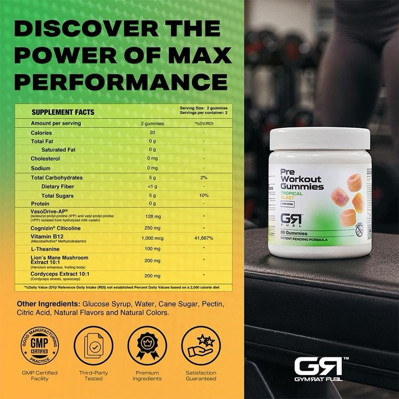 Gymrat Pre Workout Gummies – Tropical Blast, Long Lasting, No Crash Vegan Energy & Focus Boost, USA Made & GMP Certified with Vasodrive-Ap and Vitamin B 12, for Men & Women