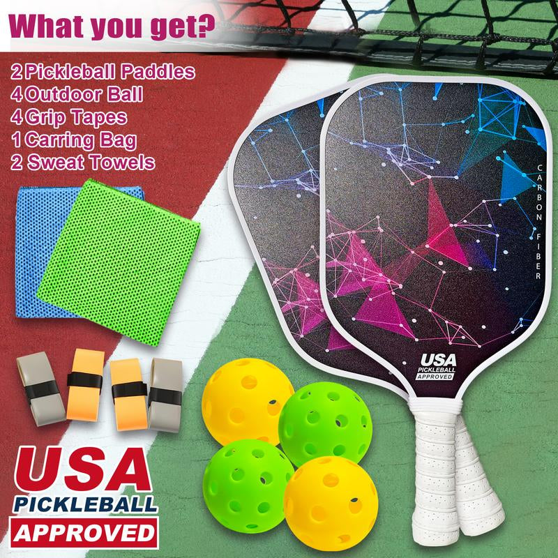 Pickleball Paddles, 2 Pickleball Paddles, USAPA Approved, Fiberglass, Carbon Fiber Pickleball Racket with 4 Indoor Outdoor Pickleball Balls and a Pickleball Bag, 4 Pieces of Pickleball Grip Tape, 2 Pieces of Sports Towels