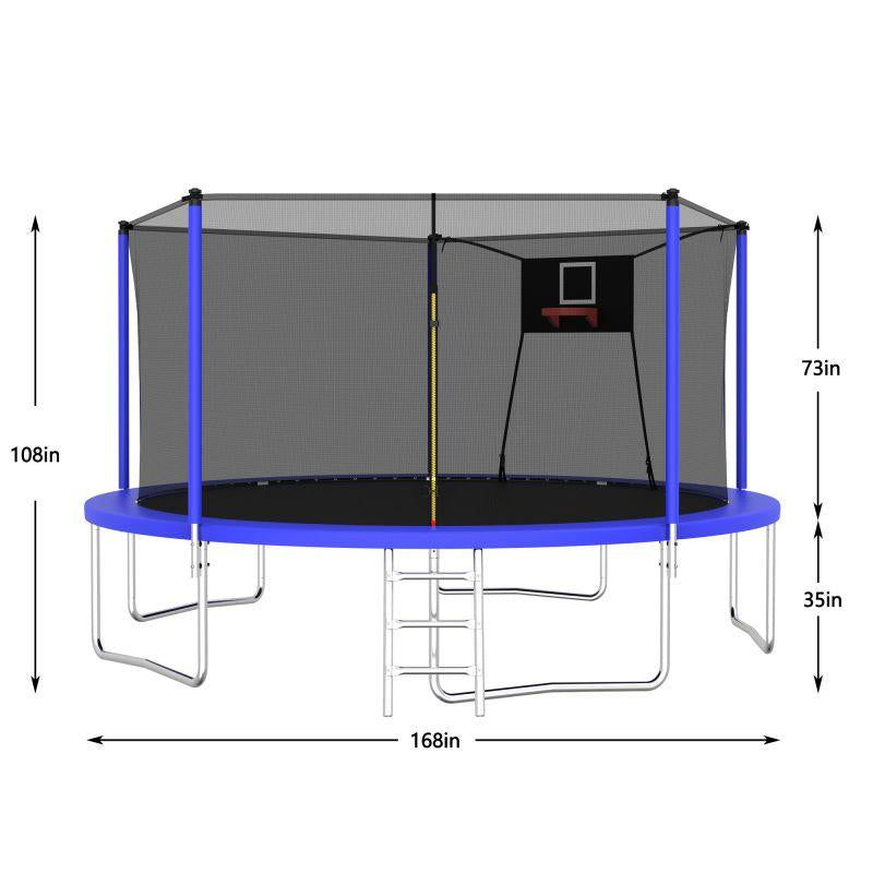 Mersco 14Ft Outdoor Trampoline for Kids and Adults, Backyard Trampoline with Basketball Hoop and Enclosure Net and Ladder,Easy Assemble,Recreational Trampoline for Kids and Adults, Quick Connect Frame,Loading 1320 Lbs, Blue