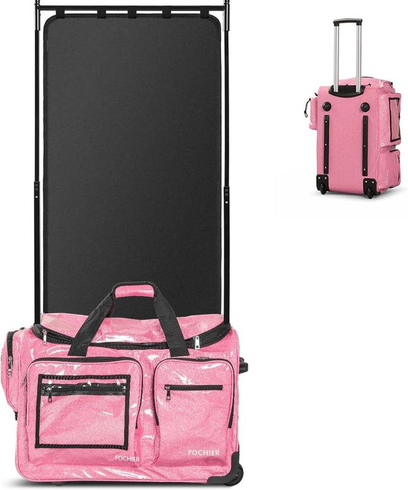 Fochier 23" Dance Bag with Garment Rack, Competition Duffle Bag for Dancer Athlete Livestreamer, Rolling Costume Luggage for Girls Recitals Travel No-Shed Glitter, Built-In Hanger, Waterproof Pu,Pink