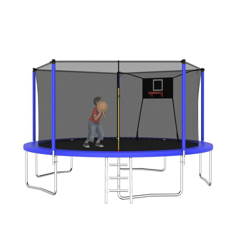 Mersco 14Ft Outdoor Trampoline for Kids and Adults, Backyard Trampoline with Basketball Hoop and Enclosure Net and Ladder,Easy Assemble,Recreational Trampoline for Kids and Adults, Quick Connect Frame,Loading 1320 Lbs, Blue
