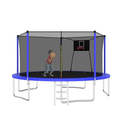 Mersco 14Ft Outdoor Trampoline for Kids and Adults, Backyard Trampoline with Basketball Hoop and Enclosure Net and Ladder,Easy Assemble,Recreational Trampoline for Kids and Adults, Quick Connect Frame,Loading 1320 Lbs, Blue