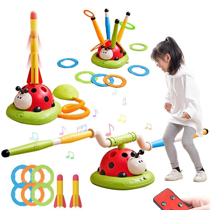 3 in 1 Musical Jump, Toss Ring Game and Stomping Launch Rocket Launcher for Kids Outdoor Toys with Remote Control, Indoor outside Toys for Ages 4-8 5-7 8-13 Gifts