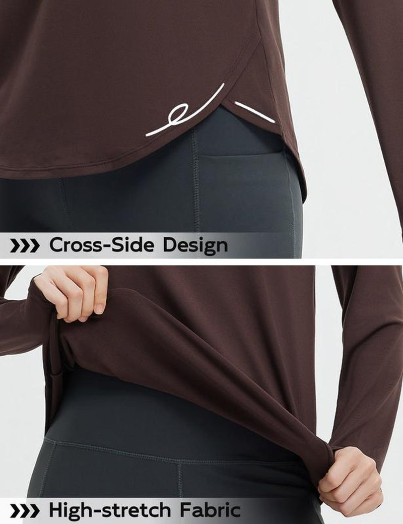 Baleaf Women'S Long Sleeve Basic Tee Lightweight Stretchy Casual Tops Lounge Home Street Workout Athletic Shirts Running Yoga Tops with Cross Hem Thumb Loop