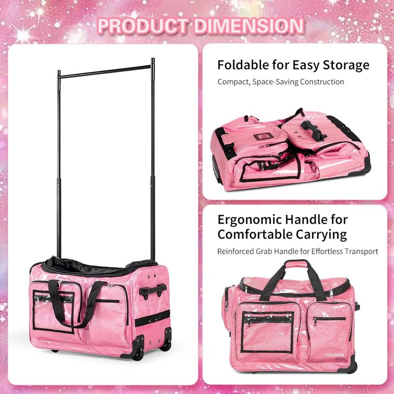 Fochier 23" Dance Bag with Garment Rack, Competition Duffle Bag for Dancer Athlete Livestreamer, Rolling Costume Luggage for Girls Recitals Travel No-Shed Glitter, Built-In Hanger, Waterproof Pu,Pink