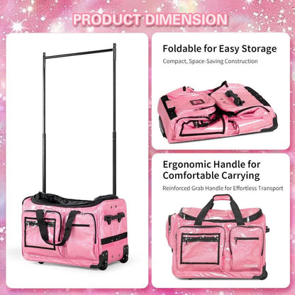 Fochier 23" Dance Bag with Garment Rack, Competition Duffle Bag for Dancer Athlete Livestreamer, Rolling Costume Luggage for Girls Recitals Travel No-Shed Glitter, Built-In Hanger, Waterproof Pu,Pink