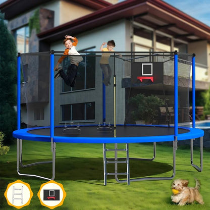 Mersco 14Ft Outdoor Trampoline for Kids and Adults, Backyard Trampoline with Basketball Hoop and Enclosure Net and Ladder,Easy Assemble,Recreational Trampoline for Kids and Adults, Quick Connect Frame,Loading 1320 Lbs, Blue
