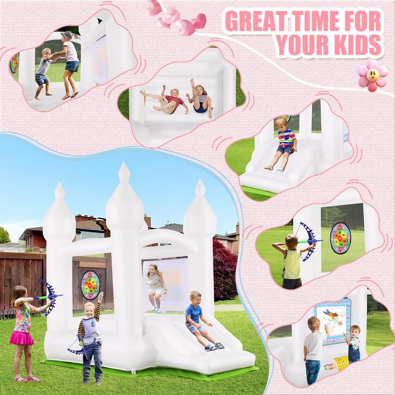 【On Sale】Whubefy White Bounce House for Kids 4-10, 102 X 70 X 97 Inflatable Bouncy Castle with Balloons, Magical Water Canvas, Dart Target Balls, Bar Dart Set, Basketball, Jumping Play House for Birthday Party/Wedding Decoration ,Christmas Gifts