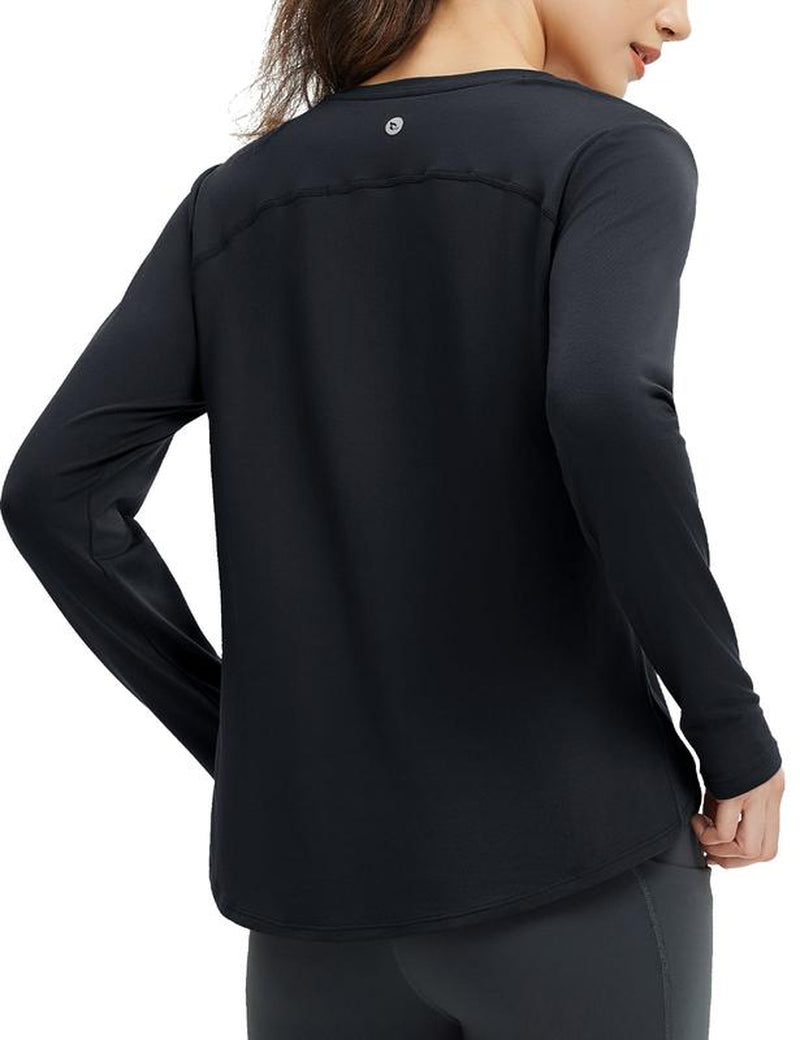 Baleaf Women'S Long Sleeve Basic Tee Lightweight Stretchy Casual Tops Lounge Home Street Workout Athletic Shirts Running Yoga Tops with Cross Hem Thumb Loop