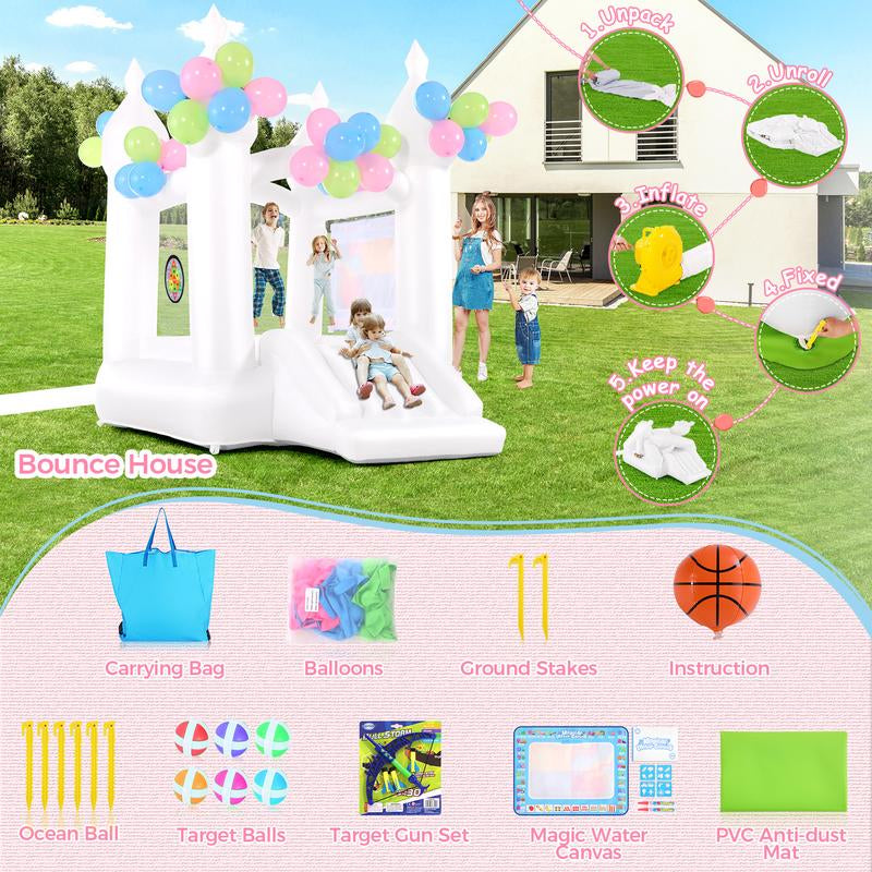 【On Sale】Whubefy White Bounce House for Kids 4-10, 102 X 70 X 97 Inflatable Bouncy Castle with Balloons, Magical Water Canvas, Dart Target Balls, Bar Dart Set, Basketball, Jumping Play House for Birthday Party/Wedding Decoration ,Christmas Gifts