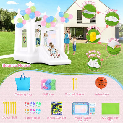 【On Sale】Whubefy White Bounce House for Kids 4-10, 102 X 70 X 97 Inflatable Bouncy Castle with Balloons, Magical Water Canvas, Dart Target Balls, Bar Dart Set, Basketball, Jumping Play House for Birthday Party/Wedding Decoration ,Christmas Gifts