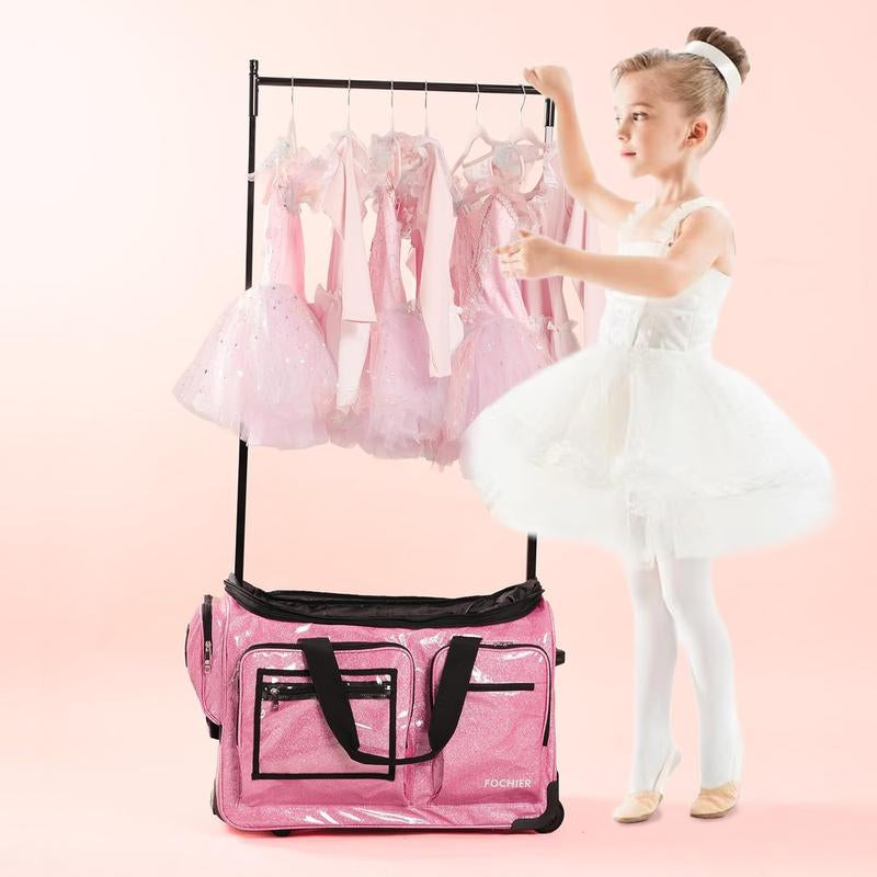 Fochier 23" Dance Bag with Garment Rack, Competition Duffle Bag for Dancer Athlete Livestreamer, Rolling Costume Luggage for Girls Recitals Travel No-Shed Glitter, Built-In Hanger, Waterproof Pu,Pink
