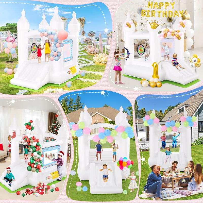 【On Sale】Whubefy White Bounce House for Kids 4-10, 102 X 70 X 97 Inflatable Bouncy Castle with Balloons, Magical Water Canvas, Dart Target Balls, Bar Dart Set, Basketball, Jumping Play House for Birthday Party/Wedding Decoration ,Christmas Gifts