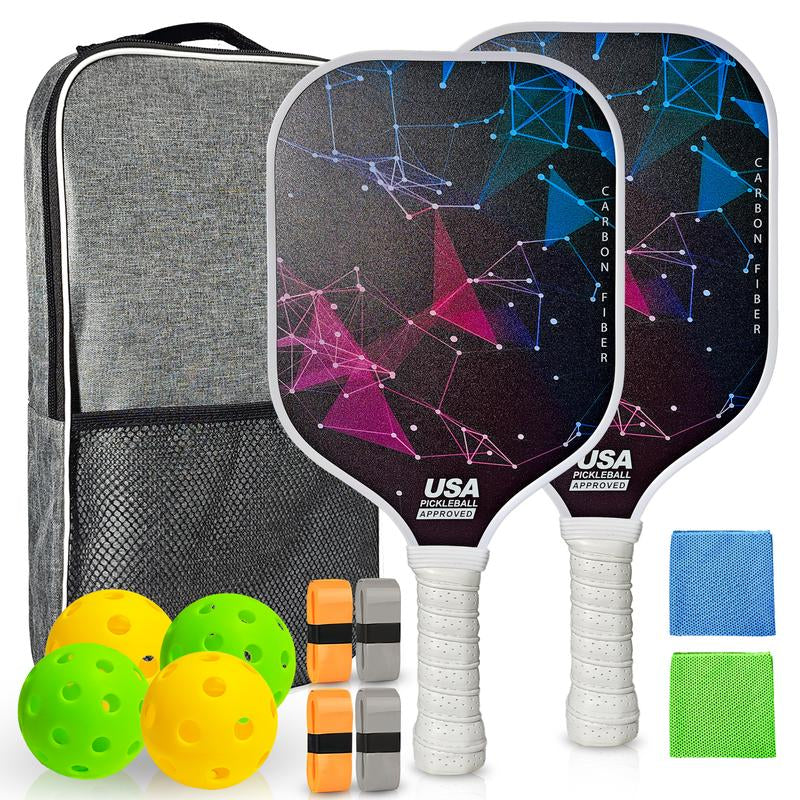 Pickleball Paddles, 2 Pickleball Paddles, USAPA Approved, Fiberglass, Carbon Fiber Pickleball Racket with 4 Indoor Outdoor Pickleball Balls and a Pickleball Bag, 4 Pieces of Pickleball Grip Tape, 2 Pieces of Sports Towels
