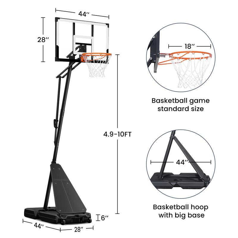 Seray Basketball Hoop Outdoor System with 44 Inch Shatterproof Backboard, 4.8FT-10FT Height Adjustable Pool Basketball Goal System for Youth/Teens/Adults Indoor Outdoor Portable Basketballhoop