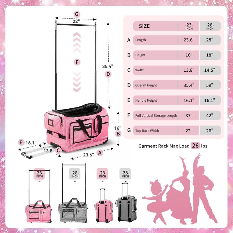 Fochier 23" Dance Bag with Garment Rack, Competition Duffle Bag for Dancer Athlete Livestreamer, Rolling Costume Luggage for Girls Recitals Travel No-Shed Glitter, Built-In Hanger, Waterproof Pu,Pink