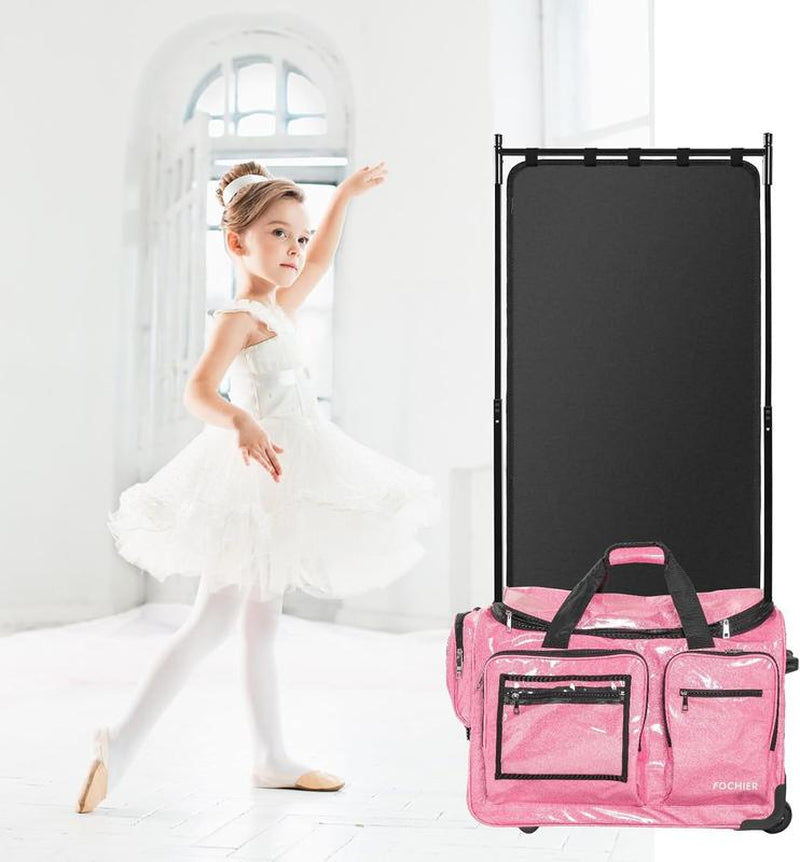 Fochier 23" Dance Bag with Garment Rack, Competition Duffle Bag for Dancer Athlete Livestreamer, Rolling Costume Luggage for Girls Recitals Travel No-Shed Glitter, Built-In Hanger, Waterproof Pu,Pink
