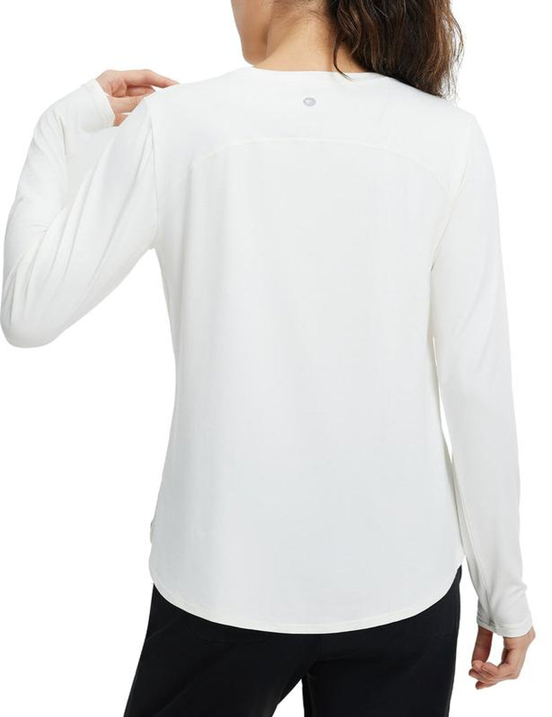 Baleaf Women'S Long Sleeve Basic Tee Lightweight Stretchy Casual Tops Lounge Home Street Workout Athletic Shirts Running Yoga Tops with Cross Hem Thumb Loop