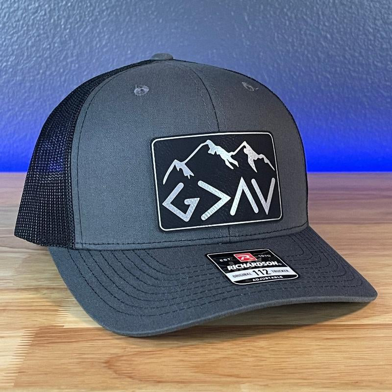 God Is Greater than the Highs and Lows Christian Snapback Leather Patch Hat Rectangular Blk/Silv