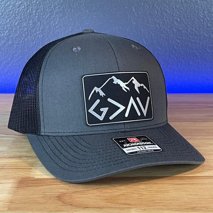 God Is Greater than the Highs and Lows Christian Snapback Leather Patch Hat Rectangular Blk/Silv