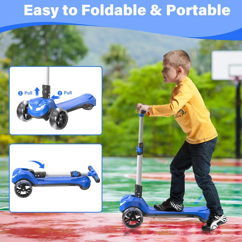DXH Electric Scooter for Kids Ages 3-8,3 Wheel Electric Toddler Scooters with Flash Wheels, LED Screen, Thumb Throttle, 3 Adjustable Heights, 5MPH Speed, Foldable Kids Electric Scooters for Boys Girls