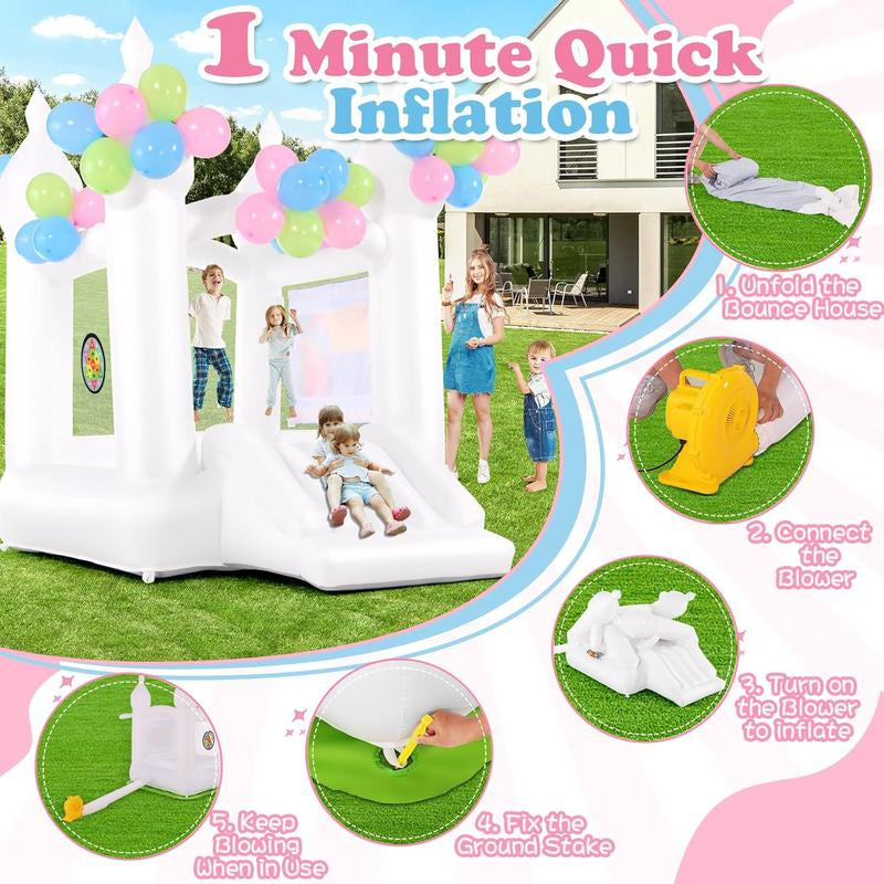【On Sale】Whubefy White Bounce House for Kids 4-10, 102 X 70 X 97 Inflatable Bouncy Castle with Balloons, Magical Water Canvas, Dart Target Balls, Bar Dart Set, Basketball, Jumping Play House for Birthday Party/Wedding Decoration ,Christmas Gifts