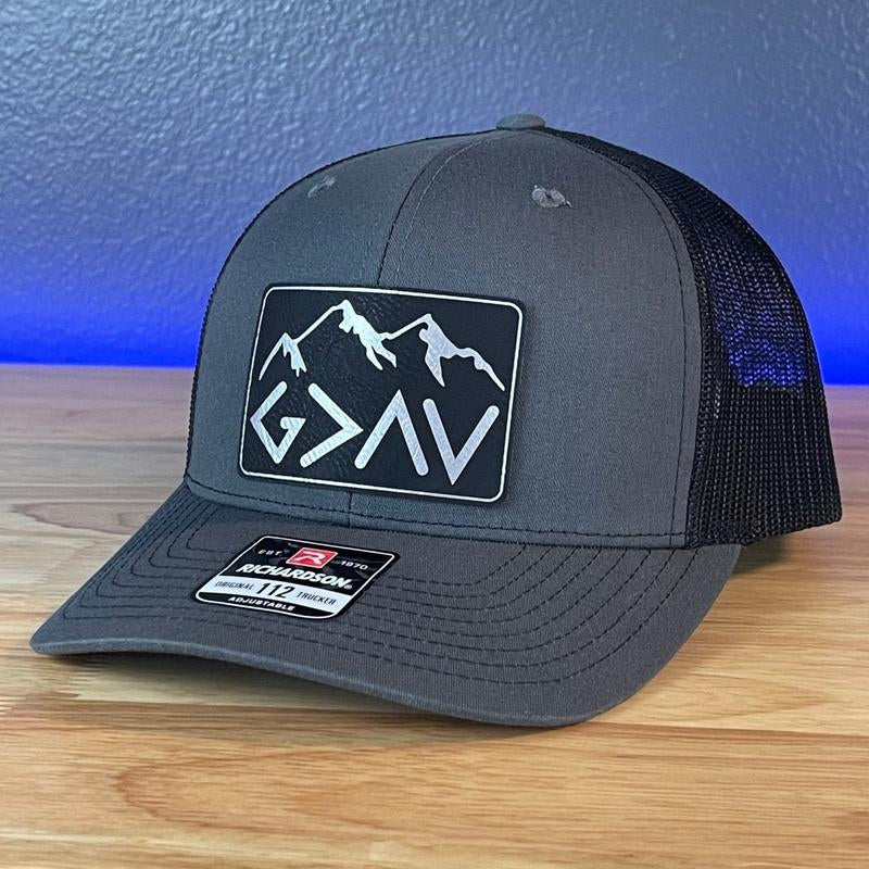 God Is Greater than the Highs and Lows Christian Snapback Leather Patch Hat Rectangular Blk/Silv