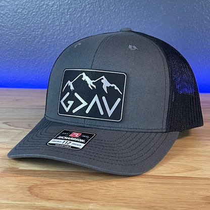 God Is Greater than the Highs and Lows Christian Snapback Leather Patch Hat Rectangular Blk/Silv