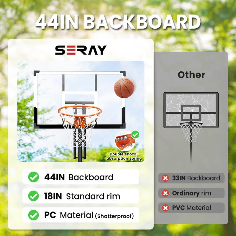 Seray Basketball Hoop Outdoor System with 44 Inch Shatterproof Backboard, 4.8FT-10FT Height Adjustable Pool Basketball Goal System for Youth/Teens/Adults Indoor Outdoor Portable Basketballhoop