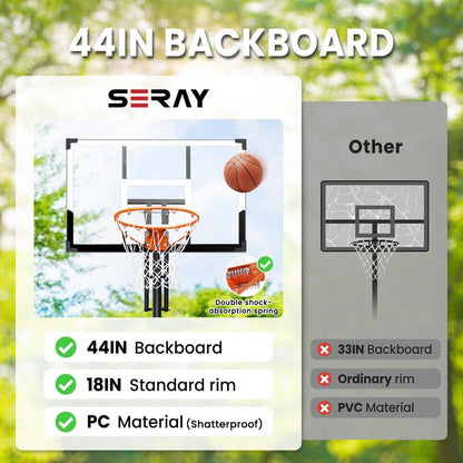 Seray Basketball Hoop Outdoor System with 44 Inch Shatterproof Backboard, 4.8FT-10FT Height Adjustable Pool Basketball Goal System for Youth/Teens/Adults Indoor Outdoor Portable Basketballhoop