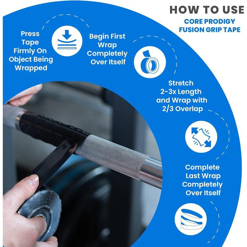 Core Prodigy Fusion Grip Tape - Silicone Rubber Wrap for Pull up Bars, Barbells, Dumbbells, Sports and Gym Equipment, and Tools