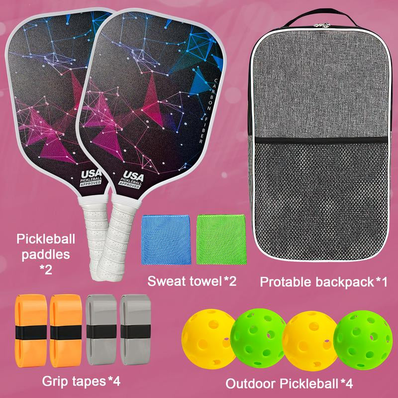 Pickleball Paddles, 2 Pickleball Paddles, USAPA Approved, Fiberglass, Carbon Fiber Pickleball Racket with 4 Indoor Outdoor Pickleball Balls and a Pickleball Bag, 4 Pieces of Pickleball Grip Tape, 2 Pieces of Sports Towels