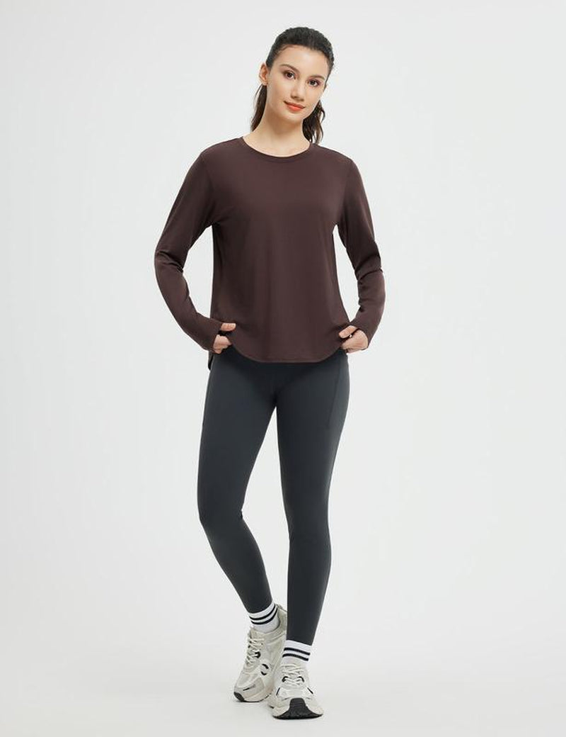 Baleaf Women'S Long Sleeve Basic Tee Lightweight Stretchy Casual Tops Lounge Home Street Workout Athletic Shirts Running Yoga Tops with Cross Hem Thumb Loop