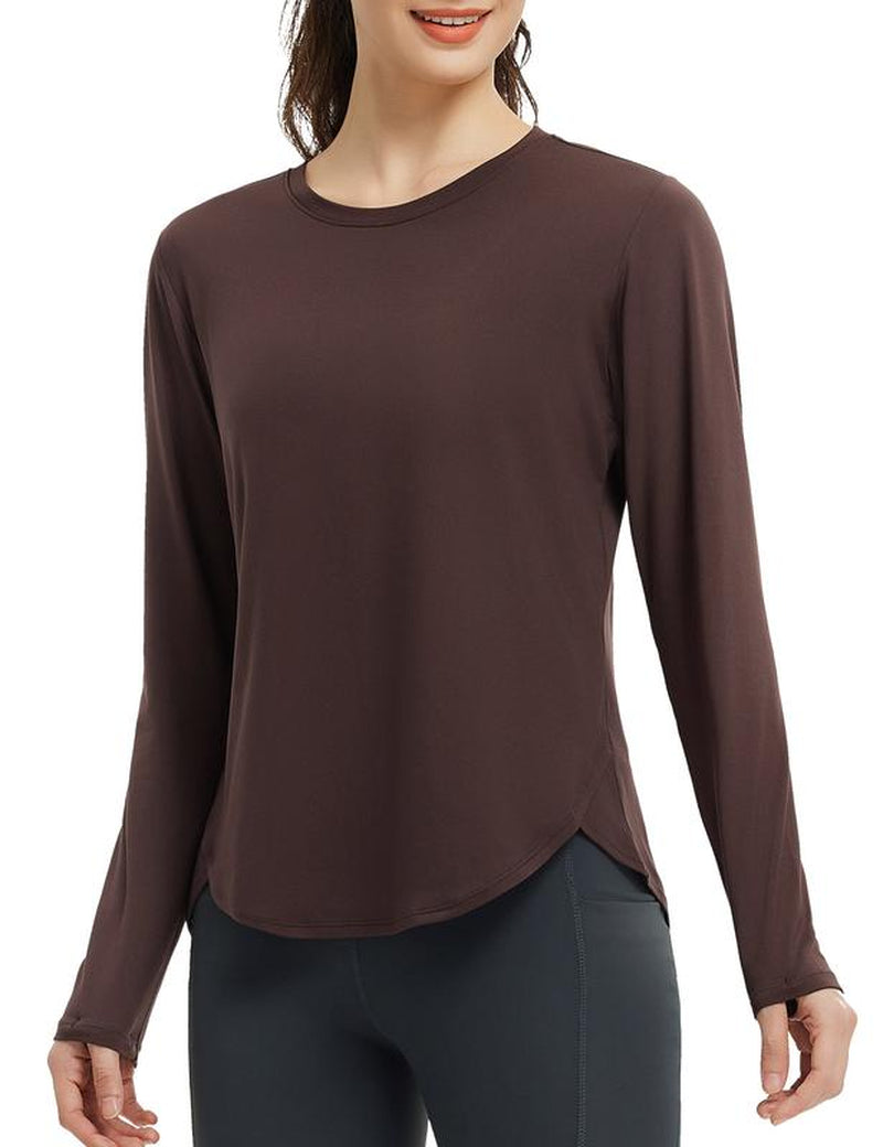 Baleaf Women'S Long Sleeve Basic Tee Lightweight Stretchy Casual Tops Lounge Home Street Workout Athletic Shirts Running Yoga Tops with Cross Hem Thumb Loop