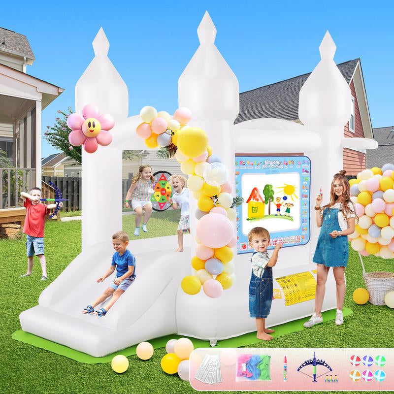 【On Sale】Whubefy White Bounce House for Kids 4-10, 102 X 70 X 97 Inflatable Bouncy Castle with Balloons, Magical Water Canvas, Dart Target Balls, Bar Dart Set, Basketball, Jumping Play House for Birthday Party/Wedding Decoration ,Christmas Gifts