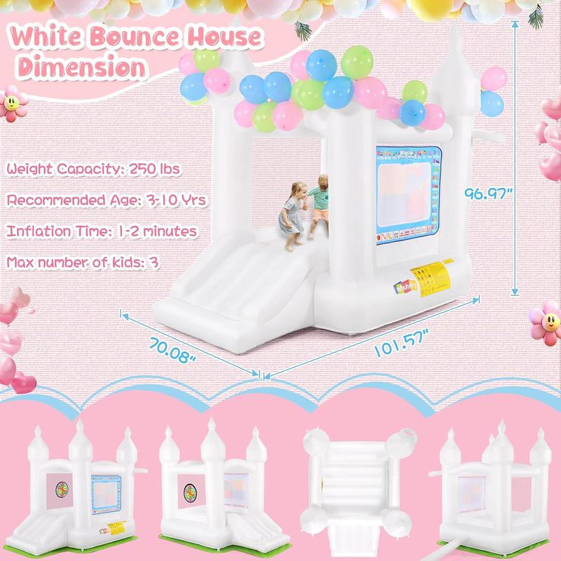 【On Sale】Whubefy White Bounce House for Kids 4-10, 102 X 70 X 97 Inflatable Bouncy Castle with Balloons, Magical Water Canvas, Dart Target Balls, Bar Dart Set, Basketball, Jumping Play House for Birthday Party/Wedding Decoration ,Christmas Gifts