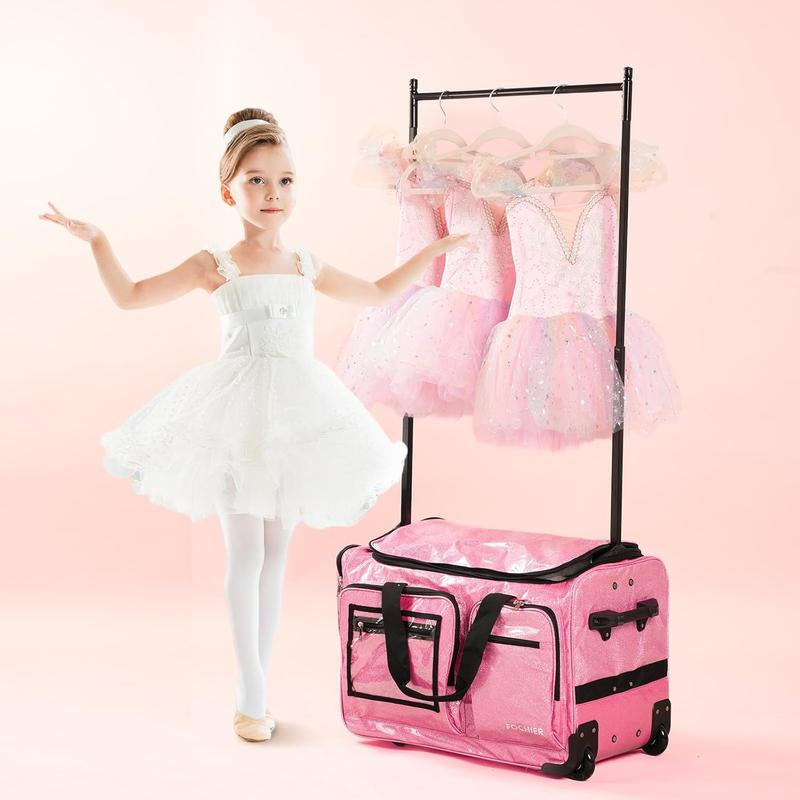 Fochier 23" Dance Bag with Garment Rack, Competition Duffle Bag for Dancer Athlete Livestreamer, Rolling Costume Luggage for Girls Recitals Travel No-Shed Glitter, Built-In Hanger, Waterproof Pu,Pink