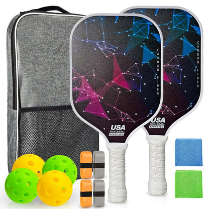 Pickleball Paddles, 2 Pickleball Paddles, USAPA Approved, Fiberglass, Carbon Fiber Pickleball Racket with 4 Indoor Outdoor Pickleball Balls and a Pickleball Bag, 4 Pieces of Pickleball Grip Tape, 2 Pieces of Sports Towels