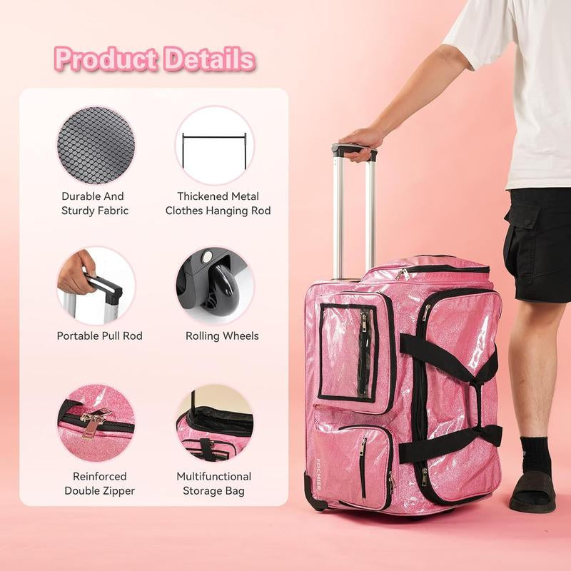 Fochier 23" Dance Bag with Garment Rack, Competition Duffle Bag for Dancer Athlete Livestreamer, Rolling Costume Luggage for Girls Recitals Travel No-Shed Glitter, Built-In Hanger, Waterproof Pu,Pink