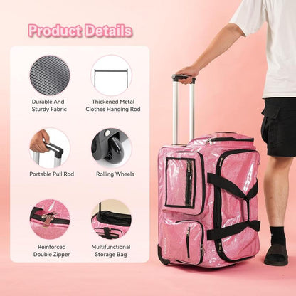 Fochier 23" Dance Bag with Garment Rack, Competition Duffle Bag for Dancer Athlete Livestreamer, Rolling Costume Luggage for Girls Recitals Travel No-Shed Glitter, Built-In Hanger, Waterproof Pu,Pink