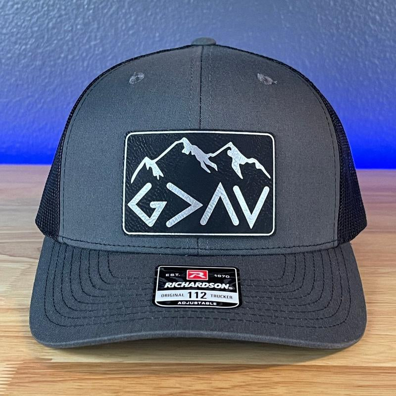 God Is Greater than the Highs and Lows Christian Snapback Leather Patch Hat Rectangular Blk/Silv