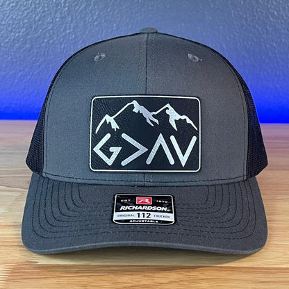 God Is Greater than the Highs and Lows Christian Snapback Leather Patch Hat Rectangular Blk/Silv