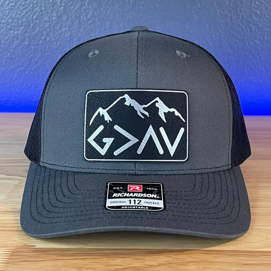 God Is Greater than the Highs and Lows Christian Snapback Leather Patch Hat Rectangular Blk/Silv