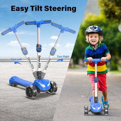 DXH Electric Scooter for Kids Ages 3-8,3 Wheel Electric Toddler Scooters with Flash Wheels, LED Screen, Thumb Throttle, 3 Adjustable Heights, 5MPH Speed, Foldable Kids Electric Scooters for Boys Girls