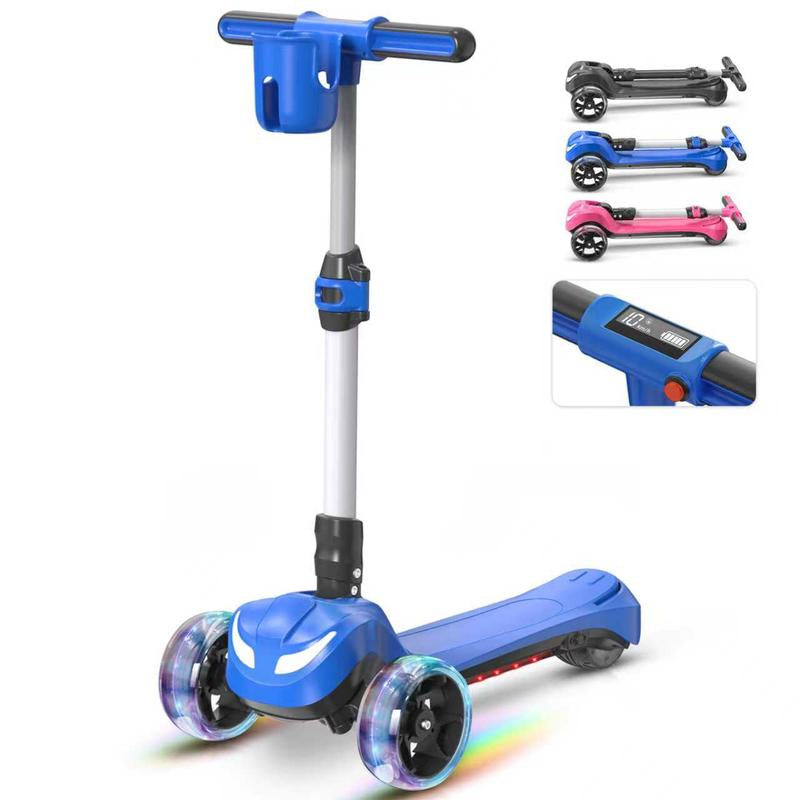DXH Electric Scooter for Kids Ages 3-8,3 Wheel Electric Toddler Scooters with Flash Wheels, LED Screen, Thumb Throttle, 3 Adjustable Heights, 5MPH Speed, Foldable Kids Electric Scooters for Boys Girls